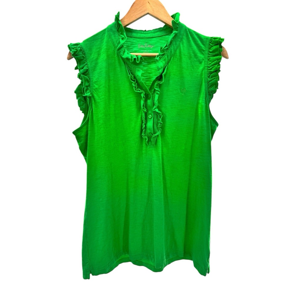 Lilly Pulitzer 100% Pima Cotton Green Ruffled Sleeveless Tank Top Button XL
